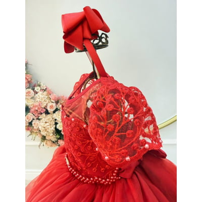 Vestido Infantil Vermelho Busto Renda e Bordado Damas Luxo