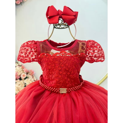 Vestido Infantil Vermelho Busto Renda e Bordado Damas Luxo