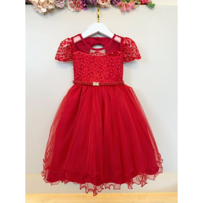 Vestido Infantil Vermelho Busto Renda e Bordado Damas Luxo