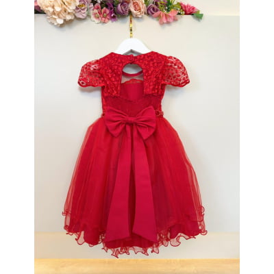 Vestido Infantil Vermelho Busto Renda e Bordado Damas Luxo