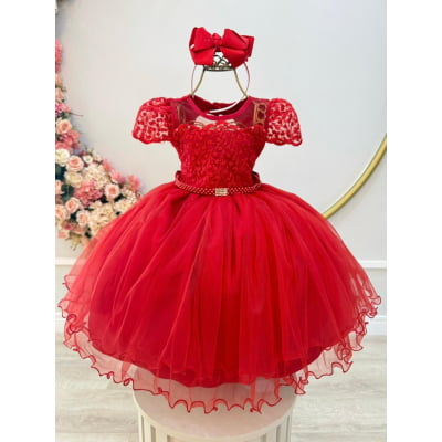 Vestido Infantil Vermelho Busto Renda e Bordado Damas Luxo
