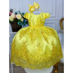Vestido Infantil Amarelo C/ Renda Realeza e Cinto de Pérolas