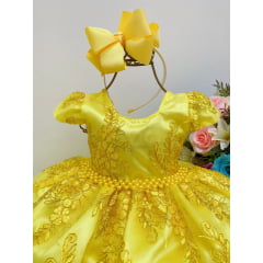 Vestido Infantil Amarelo Renda Dourada Cinto Pérolas Realeza
