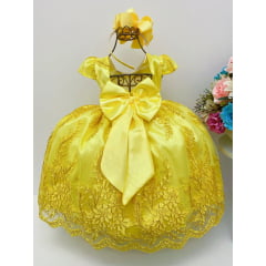 Vestido Infantil Amarelo Renda Dourada Cinto Pérolas Realeza