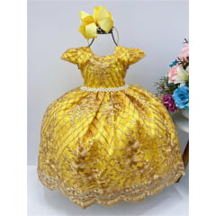 Vestido Infantil Amarelo Renda Dourada Realeza Cinto C/ Pérolas