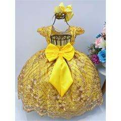 Vestido Infantil Amarelo Renda Dourada Realeza Cinto C/ Pérolas