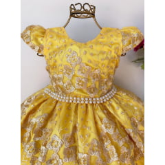 Vestido Infantil Amarelo Renda Dourada Realeza Cinto Pérolas