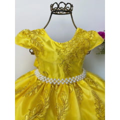 Vestido Infantil Amarelo Renda Realeza Cinto Pérolas