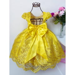 Vestido Infantil Amarelo Renda Realeza Cinto Pérolas