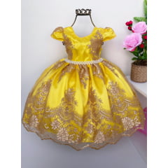 Vestido Infantil Amarelo Renda Realeza Dourada Cinto Pérola