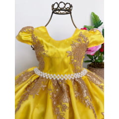 Vestido Infantil Amarelo Renda Realeza Dourada Cinto Pérola