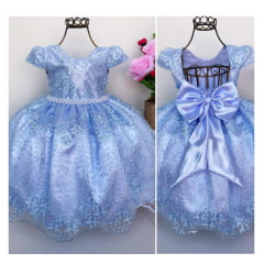 Vestido Infantil Azul Bebê Renda Realeza Cinto Pérolas
