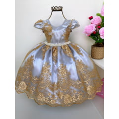 Vestido Infantil Azul Bebê Renda Realeza Dourada Pérola
