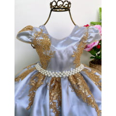 Vestido Infantil Azul Bebê Renda Realeza Dourada Pérola