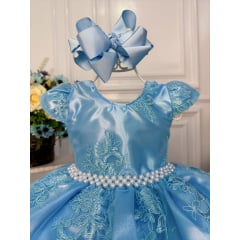 Vestido Infantil Azul C/ Renda Realeza e Cinto de Pérolas