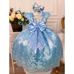 Vestido Infantil Azul C/ Renda Realeza e Cinto de Pérolas