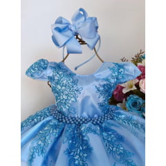 Vestido Infantil Azul Claro Renda Realeza Cinto Pérolas