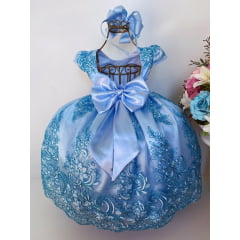 Vestido Infantil Azul Claro Renda Realeza Cinto Pérolas