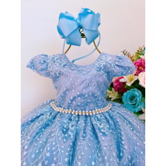 Vestido Infantil Azul Renda Realeza Princesa de Luxo