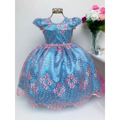 Vestido Infantil Azul Renda Rosa Realeza Princesa de Luxo