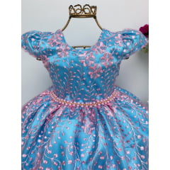 Vestido Infantil Azul Renda Rosa Realeza Princesa de Luxo
