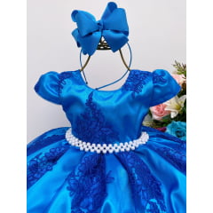 Vestido Infantil Azul Royal Renda Cinto Pérolas Realeza