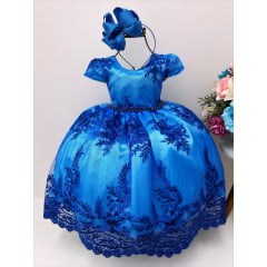 Vestido Infantil Azul Royal Renda Realeza Cinto Pérolas