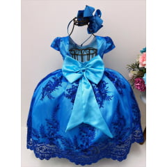 Vestido Infantil Azul Royal Renda Realeza Cinto Pérolas