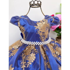Vestido Infantil Azul Royal Renda Realeza Dourada Pérola