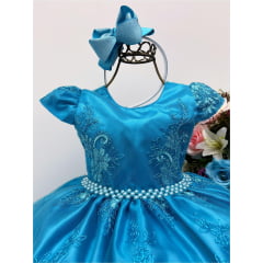 Vestido Infantil Azul Tiffany Renda Cinto de Pérolas Realeza
