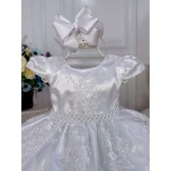 Vestido Infantil Branco C/ Renda Realeza e Cinto de Pérolas