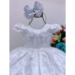 Vestido Infantil Branco Renda Realeza Cinto Pérolas