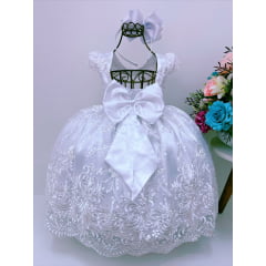 Vestido Infantil Branco Renda Realeza Cinto Pérolas
