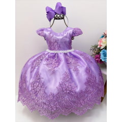 Vestido Infantil Lilás C/ Renda Realeza Cinto de Pérolas Vestido Infantil Lilás C/ Renda Realeza Cinto de Pérolas