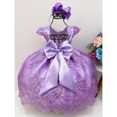 Vestido Infantil Lilás C/ Renda Realeza Cinto de Pérolas