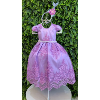 Vestido Infantil Lilás C/ Renda Realeza Cinto de Pérolas