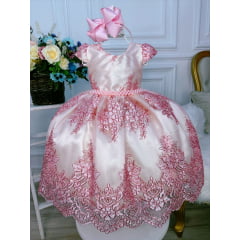 Vestido Infantil Marfim C/ Renda Rosa Realeza Cinto Pérolas