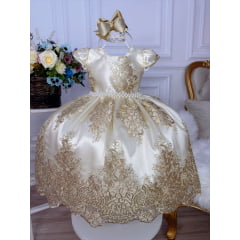 Vestido Infantil Marfim Renda Realeza Dourada Cinto Pérolas
