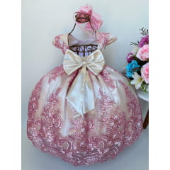 Vestido Infantil Marfim Renda Rosa Realeza Cinto Pérolas