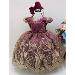 Vestido Infantil Marsala Renda Dourada Realeza Cinto Pérolas