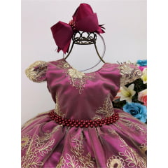 Vestido Infantil Marsala Renda Dourada Realeza Cinto Pérolas