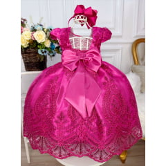 Vestido Infantil Pink C/ Renda Realeza e Cinto de Pérolas