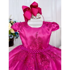 Vestido Infantil Pink C/ Renda Realeza e Cinto de Pérolas