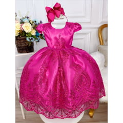 Vestido Infantil Pink C/ Renda Realeza e Cinto de Pérolas
