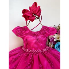 Vestido Infantil Pink Renda Realeza Cinto de Pérolas