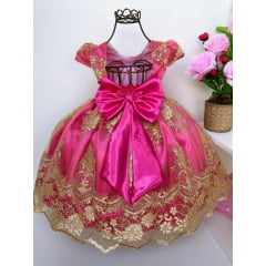 Vestido Infantil Pink Renda Realeza Dourada Cinto Pérola