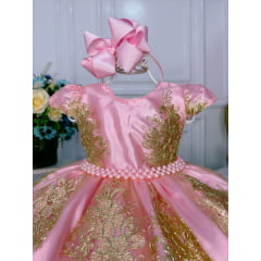 Vestido Infantil Rosa C/ Renda Realeza Dourada Cinto Pérolas