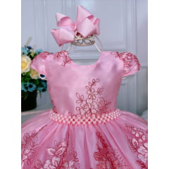 Vestido Infantil Rosa C/ Renda Realeza e Cinto de Pérolas