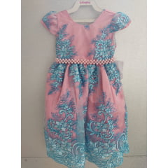 Vestido Infantil Rosa Chiclete Renda Azul Realeza Cinto