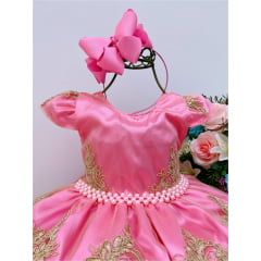 Vestido Infantil Rosa Chiclete Renda Realeza Dourada Pérolas